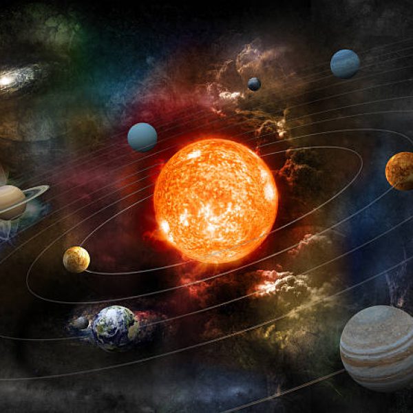 The sun and nine planets of our system orbiting. Clipping path included for the foreground objects.Opacity and bump textures for the earth and other planets map prepared via tracing images from www.nasa.gov.Earth texture:http://veimages.gsfc.nasa.gov/2431/land_ocean_ice_cloud_2048.jpgSimilar images: